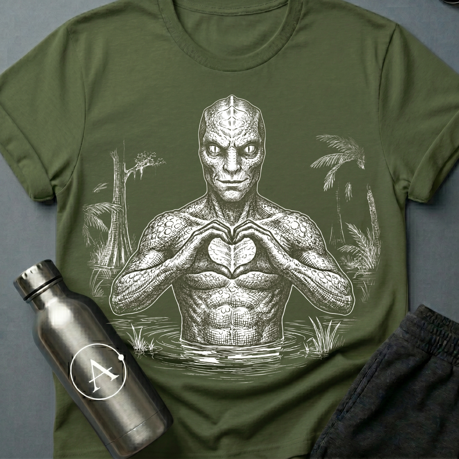 Soft Reign reptilian heart-hands tee on Military Green Apsion unisex Gildan 64000, flat lay