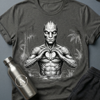 Soft Reign reptilian heart-hands tee on Dark Heather Apsion unisex Gildan 64000, flat lay