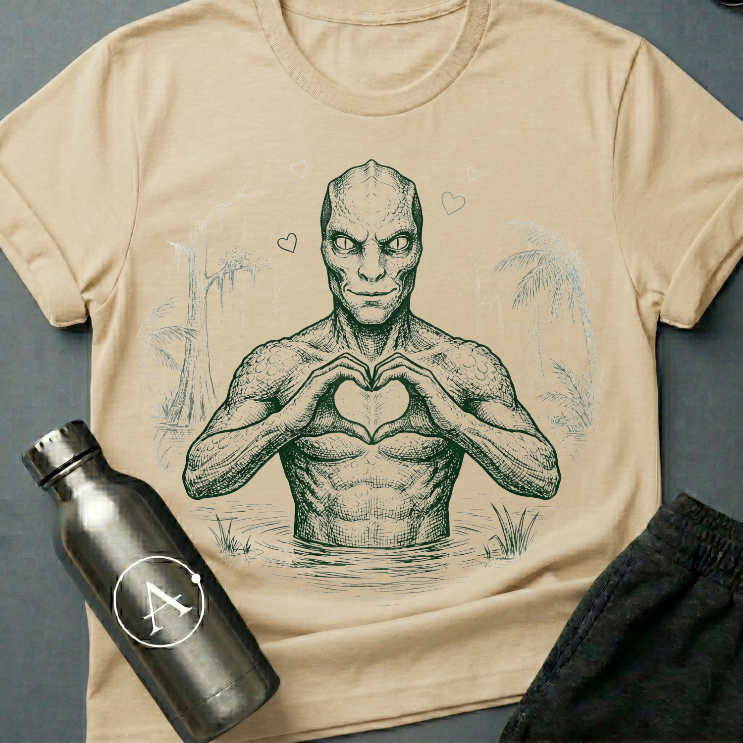 Soft Reign reptilian heart-hands tee on Natural Apsion unisex Gildan 64000, flat lay