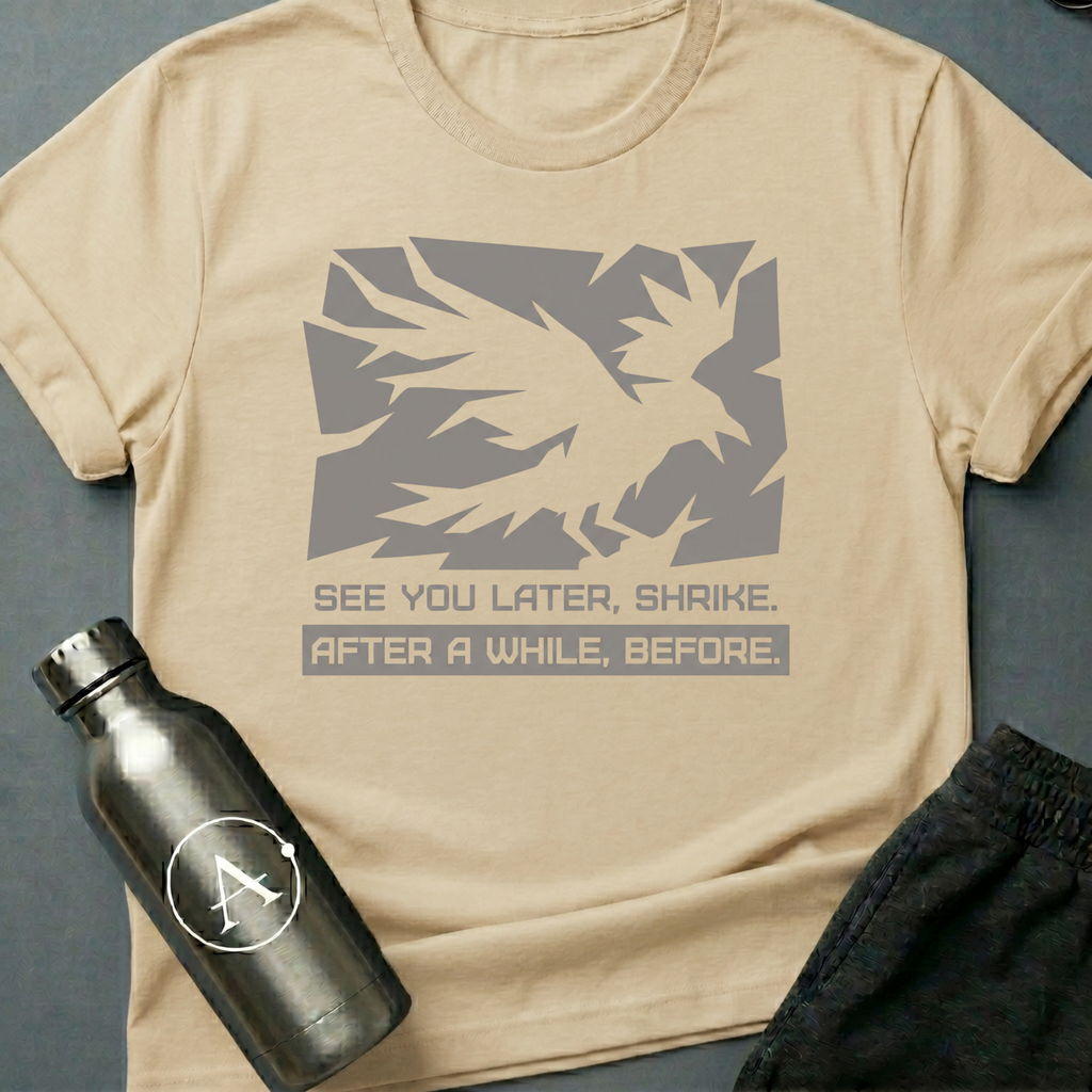 Retrograde t-shirt flat lay - Shrike thorn silhouette design, Apsion Outpost