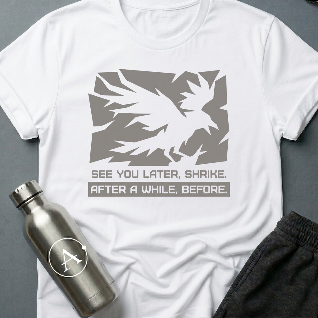 Retrograde t-shirt flat lay in secondary color - Shrike graphic Hyperion Cantos reference, Apsion Outpost