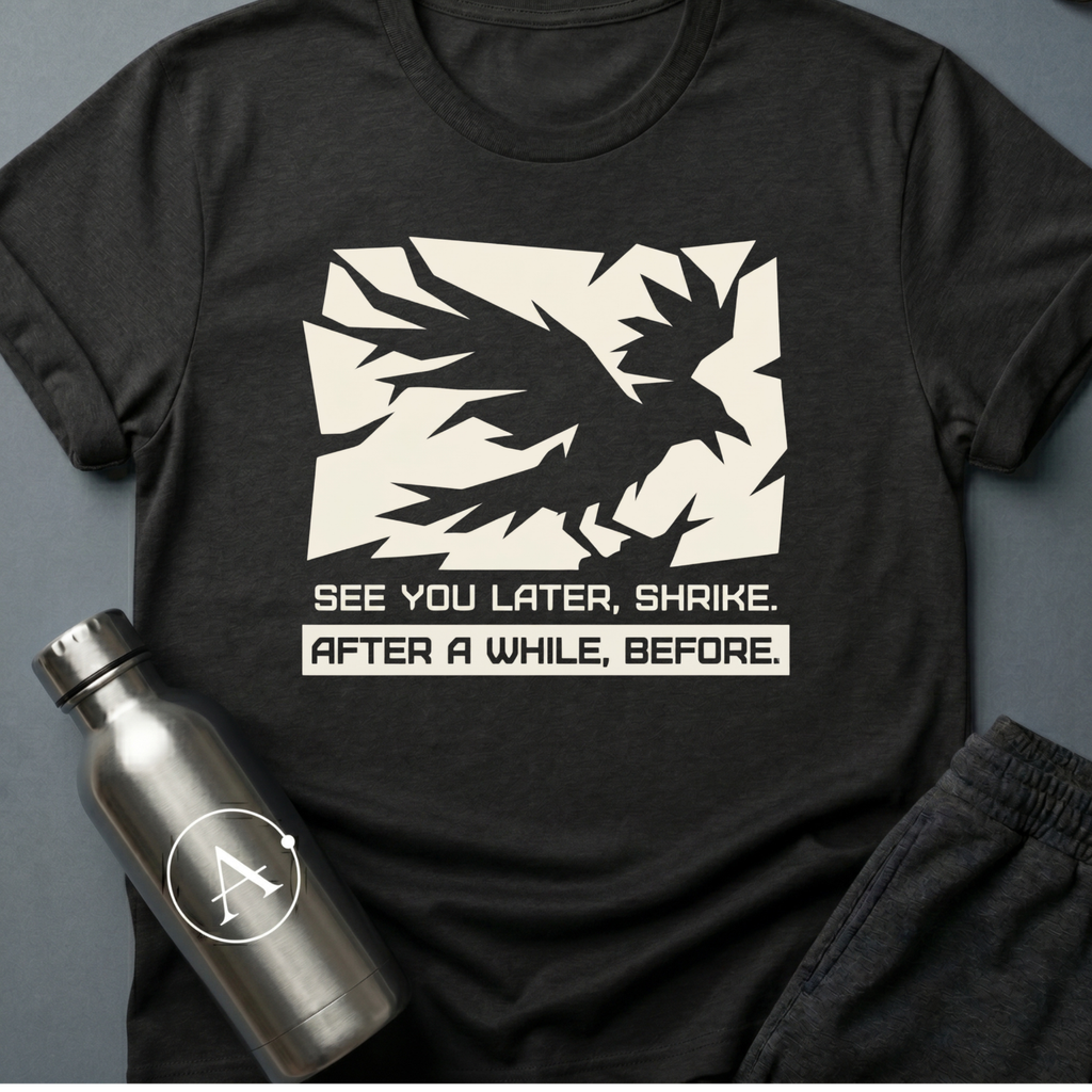Retrograde t-shirt flat lay - Shrike Hyperion Cantos tee, Apsion Outpost