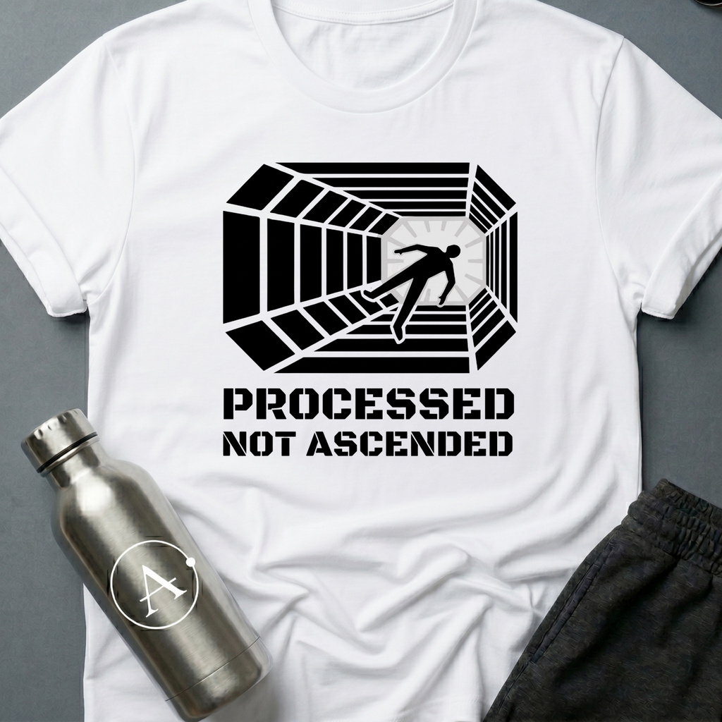 Conveyor to Glory sci-fi t-shirt — a figure pulled down a receding industrial tunnel toward a light — White unisex tee — Apsion Outpost