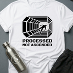 Conveyor to Glory sci-fi t-shirt — a figure pulled down a receding industrial tunnel toward a light — White unisex tee — Apsion Outpost