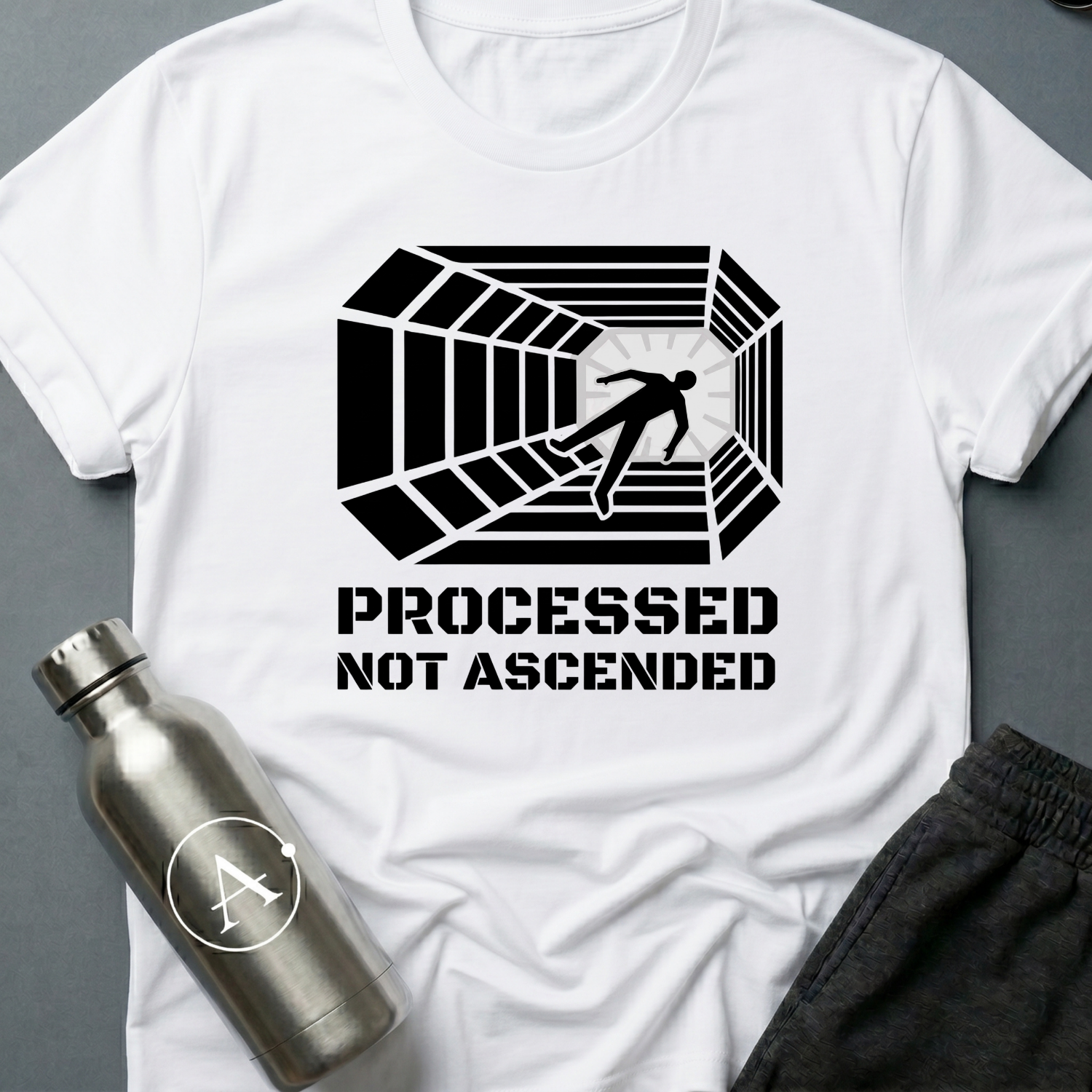 Conveyor to Glory sci-fi t-shirt — a figure pulled down a receding industrial tunnel toward a light — White unisex tee — Apsion Outpost