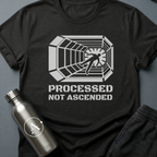 Conveyor to Glory sci-fi t-shirt — a figure pulled down a receding industrial tunnel toward a light — Black unisex tee — Apsion Outpost