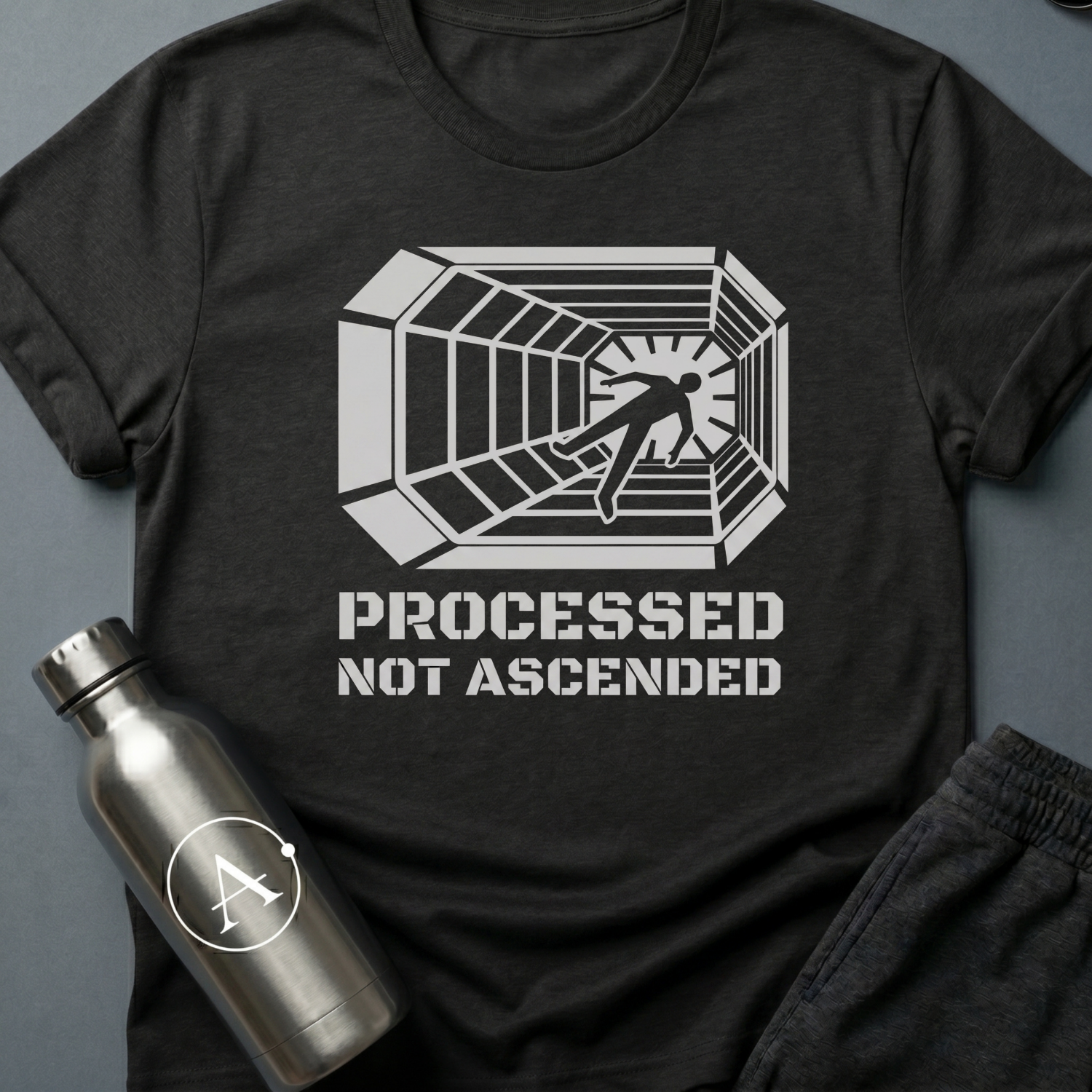 Conveyor to Glory sci-fi t-shirt — a figure pulled down a receding industrial tunnel toward a light — Black unisex tee — Apsion Outpost