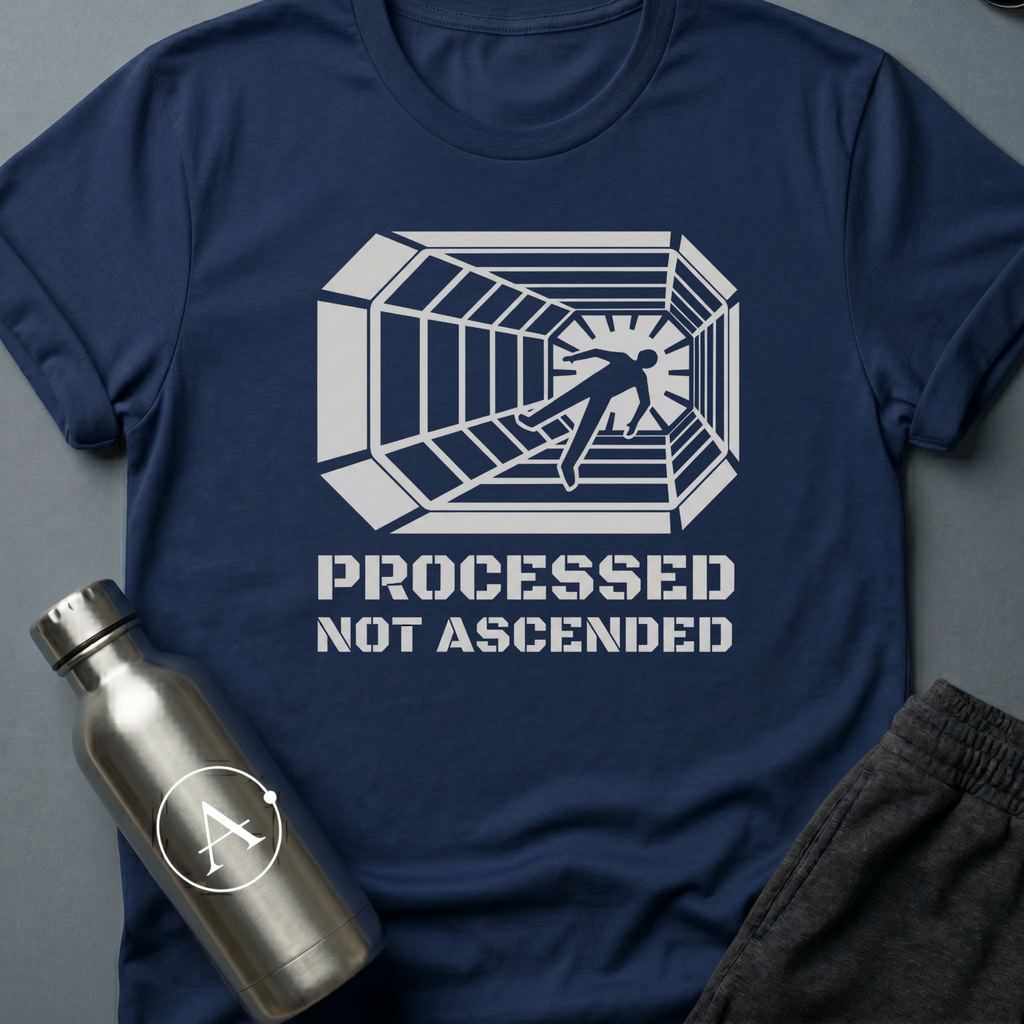 Conveyor to Glory sci-fi t-shirt — a figure pulled down a receding industrial tunnel toward a light — Navy unisex tee — Apsion Outpost