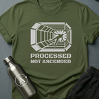 Conveyor to Glory sci-fi t-shirt — a figure pulled down a receding industrial tunnel toward a light — Military Green unisex tee — Apsion Outpost