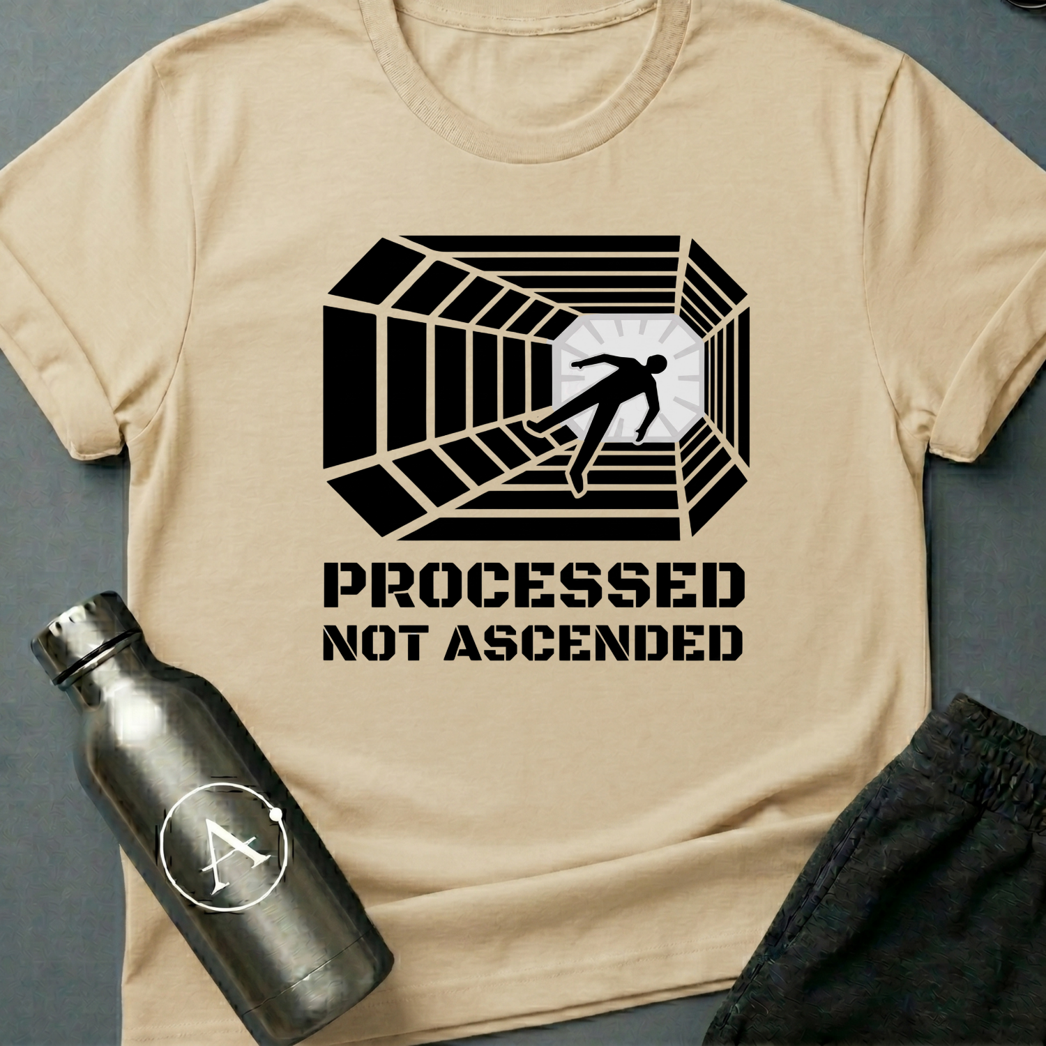 Conveyor to Glory sci-fi t-shirt — a figure pulled down a receding industrial tunnel toward a light — Natural unisex tee — Apsion Outpost