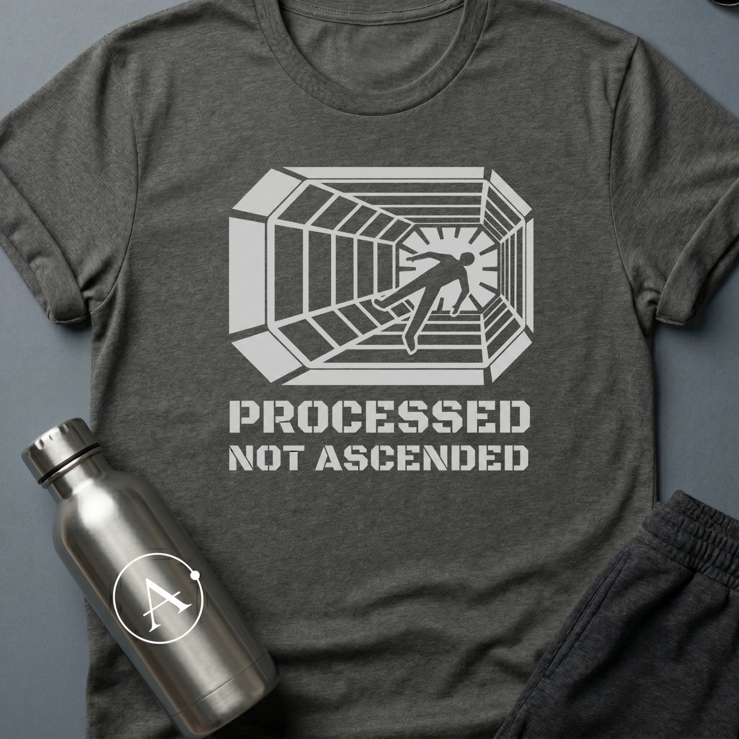 Conveyor to Glory sci-fi t-shirt — a figure pulled down a receding industrial tunnel toward a light — Dark Heather unisex tee — Apsion Outpost