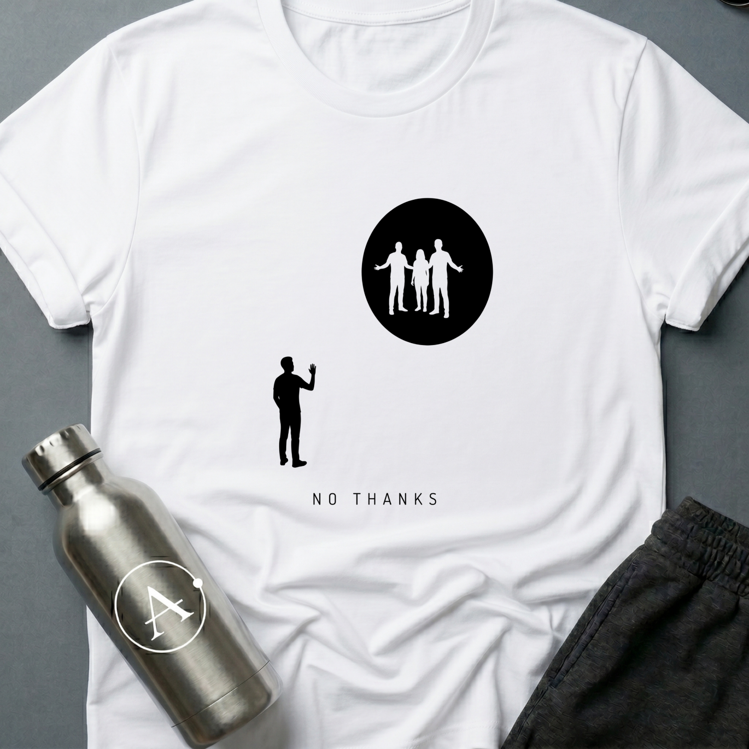 Declined the Escort sci-fi t-shirt — a small figure raising a hand to decline three welcoming silhouettes inside a glowing circle — White unisex tee — Apsion Outpost