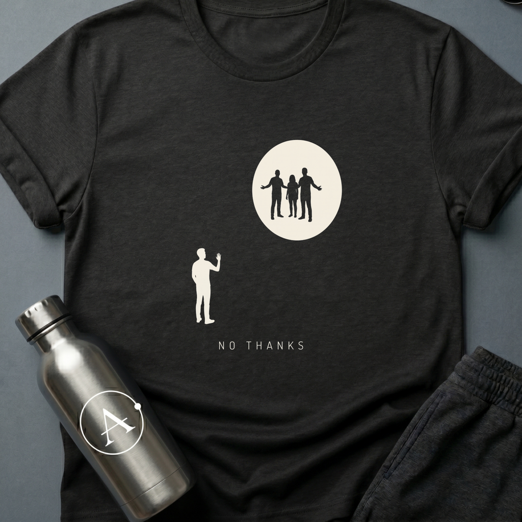Declined the Escort sci-fi t-shirt — a small figure raising a hand to decline three welcoming silhouettes inside a glowing circle — Black unisex tee — Apsion Outpost