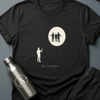 Declined the Escort sci-fi t-shirt — a small figure raising a hand to decline three welcoming silhouettes inside a glowing circle — Black unisex tee — Apsion Outpost