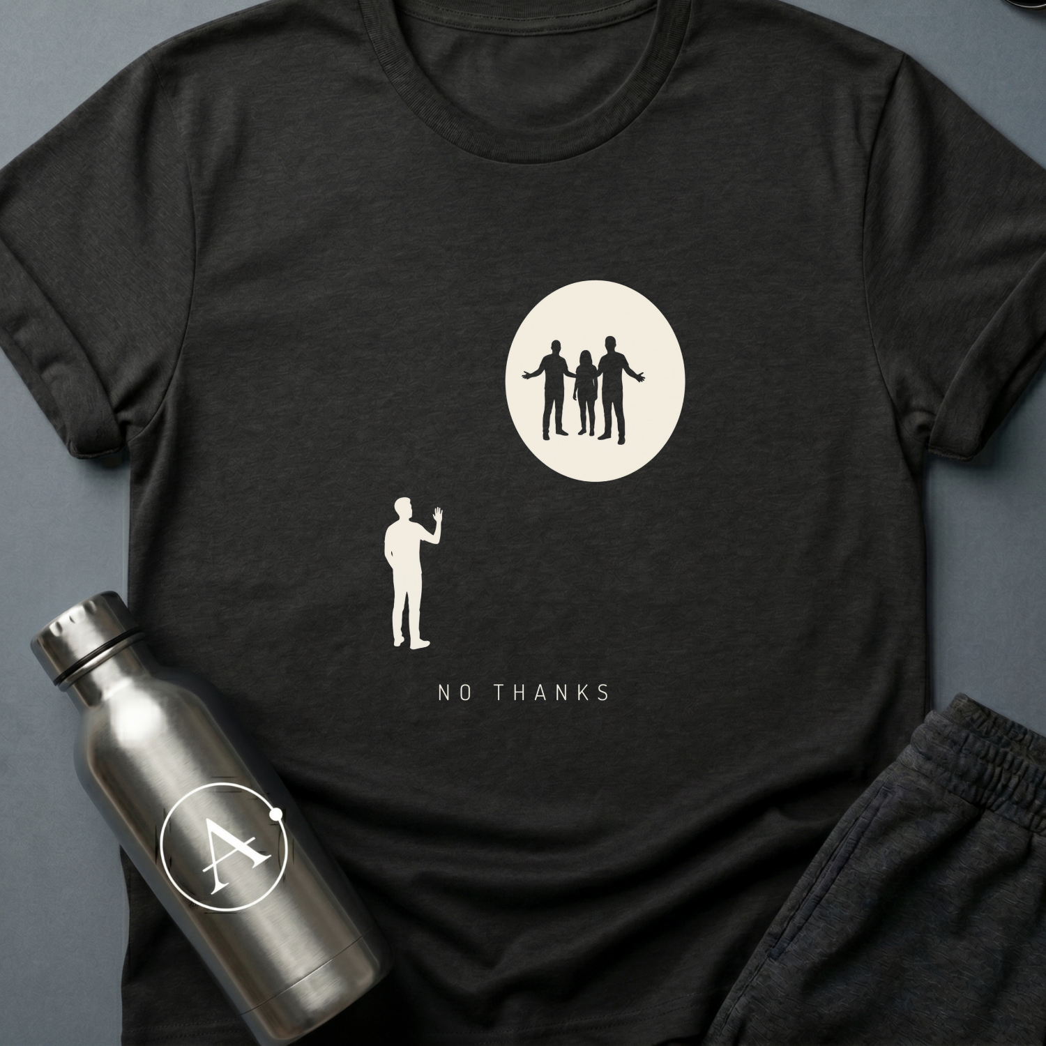 Declined the Escort sci-fi t-shirt — a small figure raising a hand to decline three welcoming silhouettes inside a glowing circle — Black unisex tee — Apsion Outpost