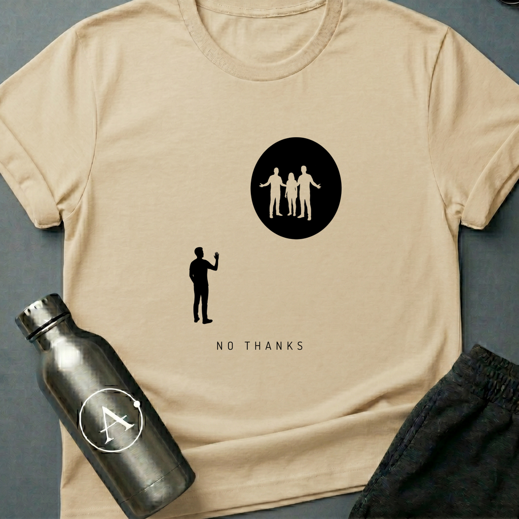 Declined the Escort sci-fi t-shirt — a small figure raising a hand to decline three welcoming silhouettes inside a glowing circle — Natural unisex tee — Apsion Outpost