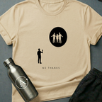 Declined the Escort sci-fi t-shirt — a small figure raising a hand to decline three welcoming silhouettes inside a glowing circle — Natural unisex tee — Apsion Outpost