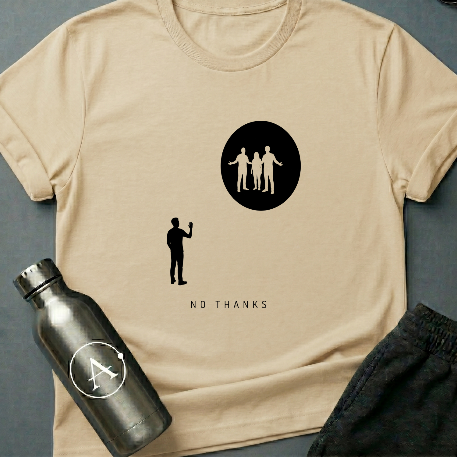 Declined the Escort sci-fi t-shirt — a small figure raising a hand to decline three welcoming silhouettes inside a glowing circle — Natural unisex tee — Apsion Outpost