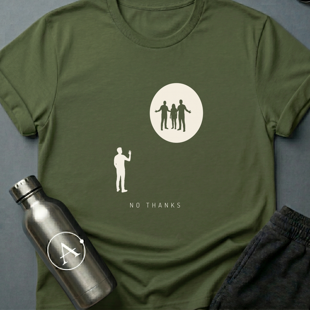 Declined the Escort sci-fi t-shirt — a small figure raising a hand to decline three welcoming silhouettes inside a glowing circle — Military Green unisex tee — Apsion Outpost