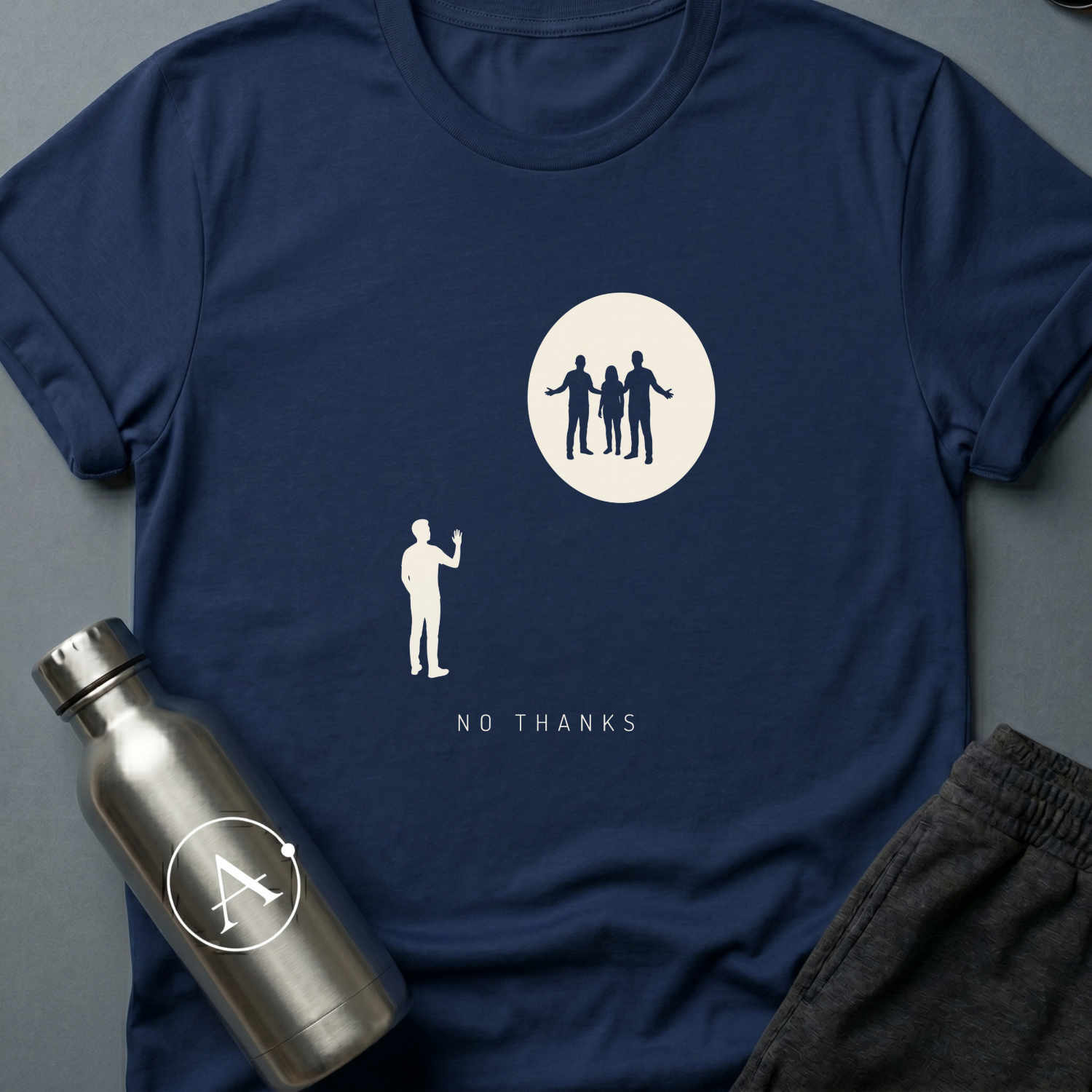 Declined the Escort sci-fi t-shirt — a small figure raising a hand to decline three welcoming silhouettes inside a glowing circle — Navy unisex tee — Apsion Outpost