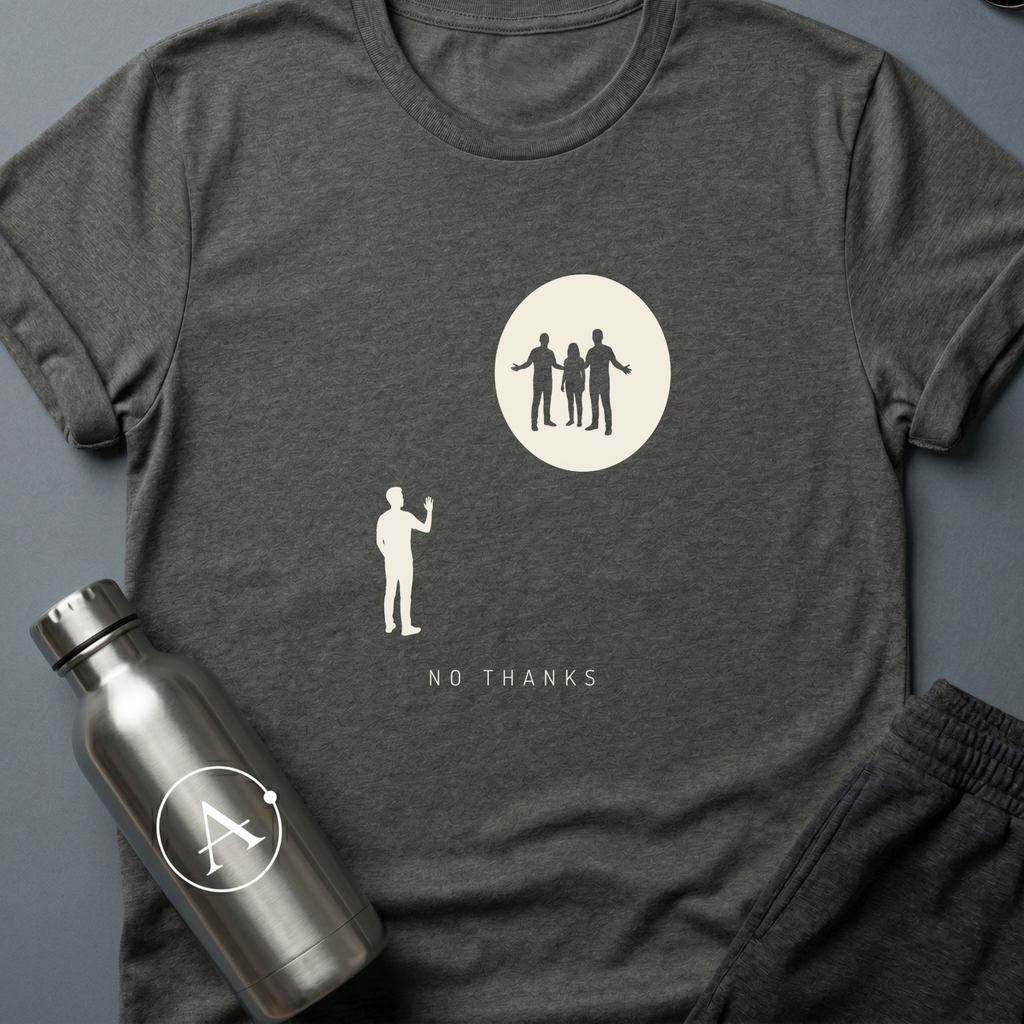 Declined the Escort sci-fi t-shirt — a small figure raising a hand to decline three welcoming silhouettes inside a glowing circle — Dark Heather unisex tee — Apsion Outpost