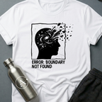 Exceeded My Own Specs sci-fi t-shirt — a profile head filled with a galaxy, breaking apart into fragments at the edge of its frame — White unisex tee — Apsion Outpost