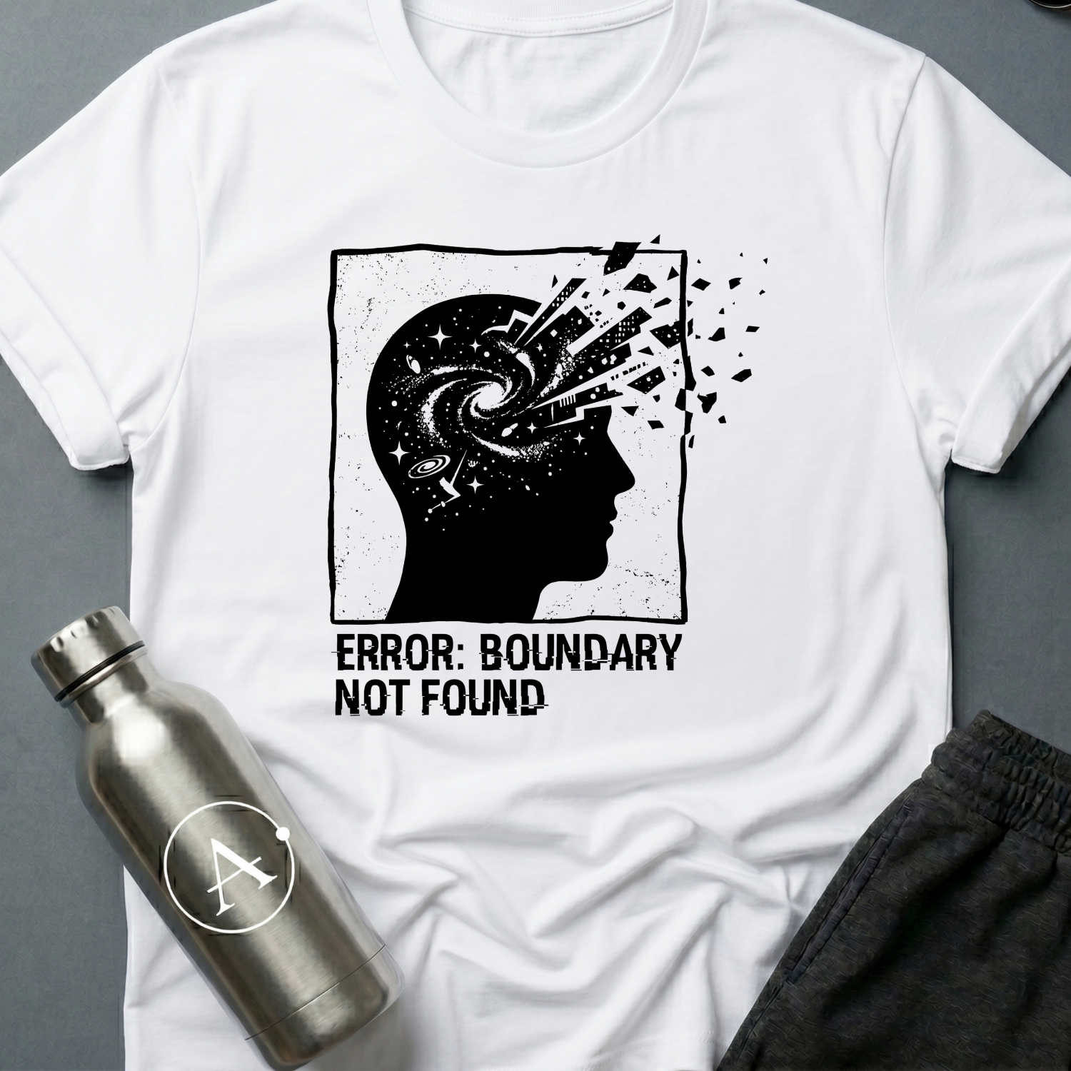 Exceeded My Own Specs sci-fi t-shirt — a profile head filled with a galaxy, breaking apart into fragments at the edge of its frame — White unisex tee — Apsion Outpost