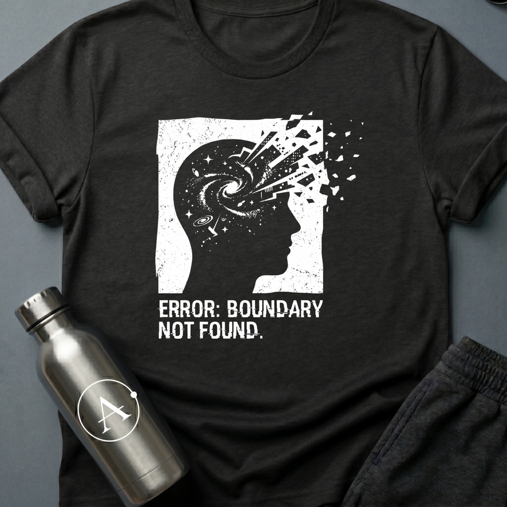 Exceeded My Own Specs sci-fi t-shirt — a profile head filled with a galaxy, breaking apart into fragments at the edge of its frame — Black unisex tee — Apsion Outpost