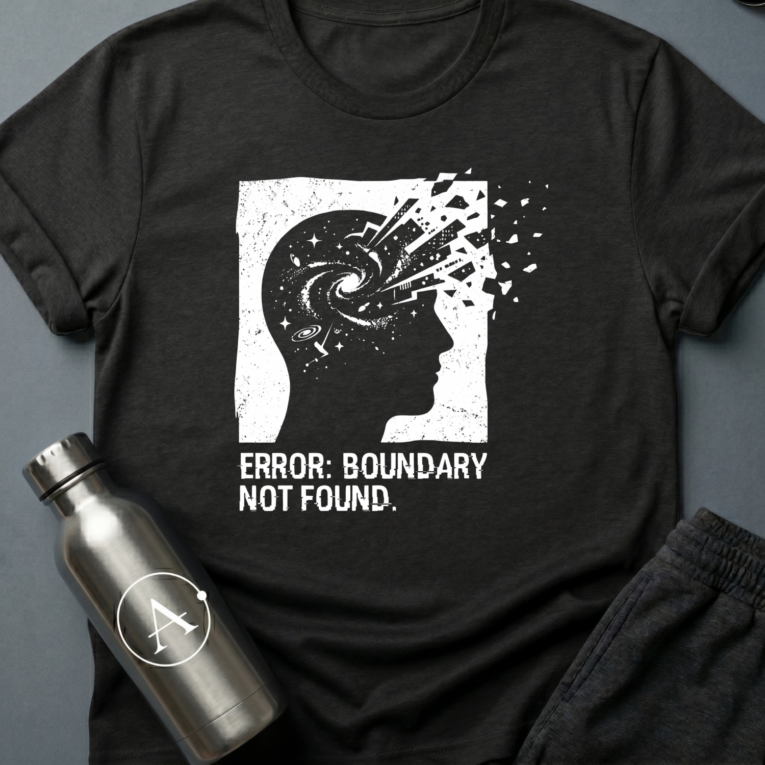 Exceeded My Own Specs sci-fi t-shirt — a profile head filled with a galaxy, breaking apart into fragments at the edge of its frame — Black unisex tee — Apsion Outpost