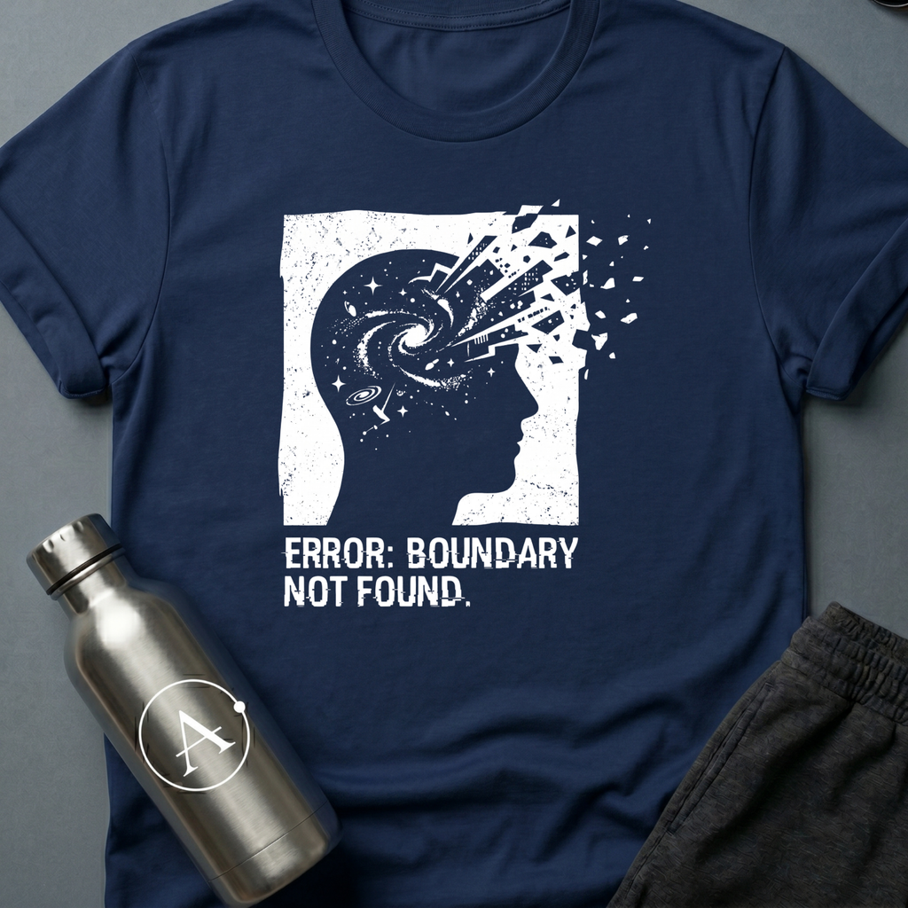 Exceeded My Own Specs sci-fi t-shirt — a profile head filled with a galaxy, breaking apart into fragments at the edge of its frame — Navy unisex tee — Apsion Outpost