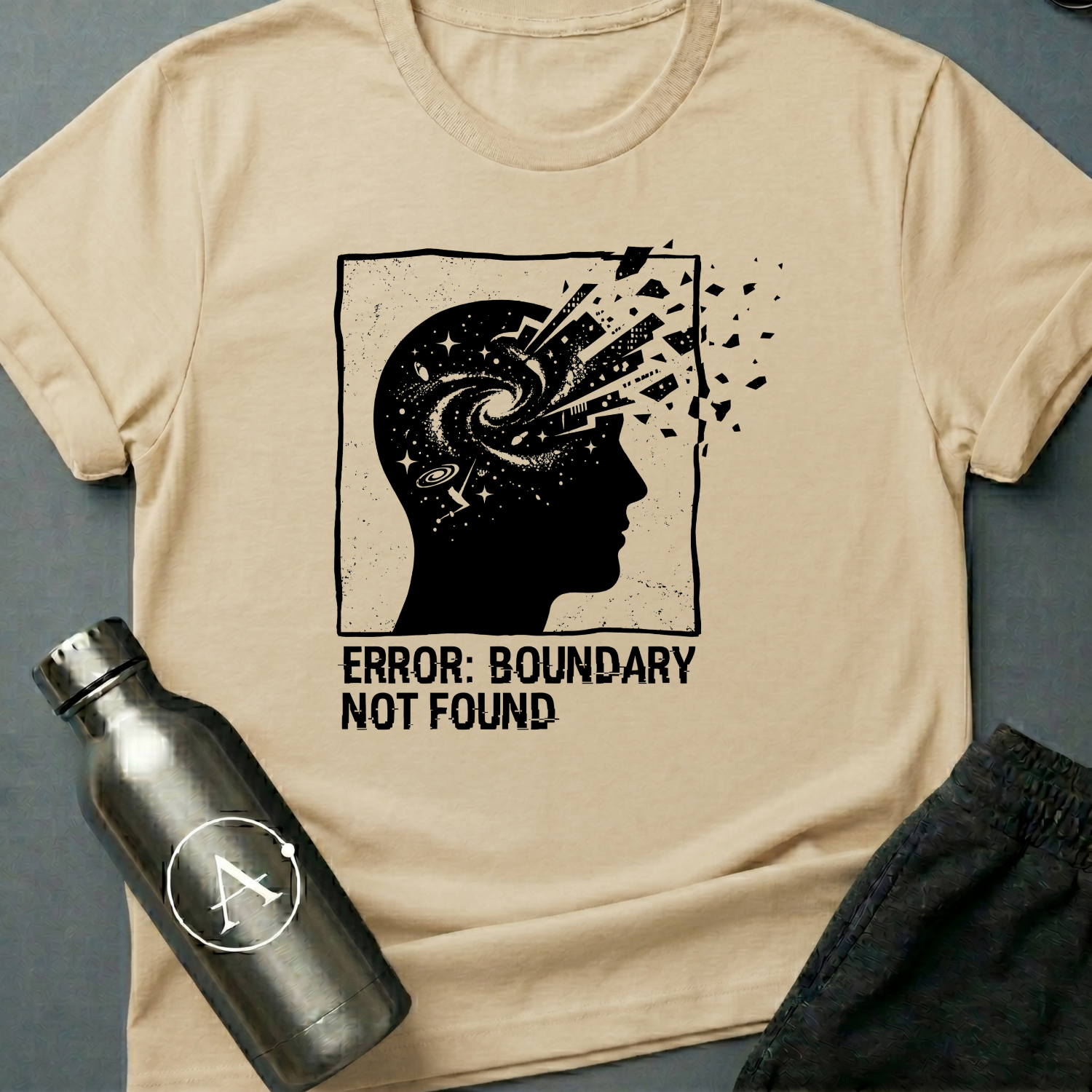 Exceeded My Own Specs sci-fi t-shirt — a profile head filled with a galaxy, breaking apart into fragments at the edge of its frame — Natural unisex tee — Apsion Outpost
