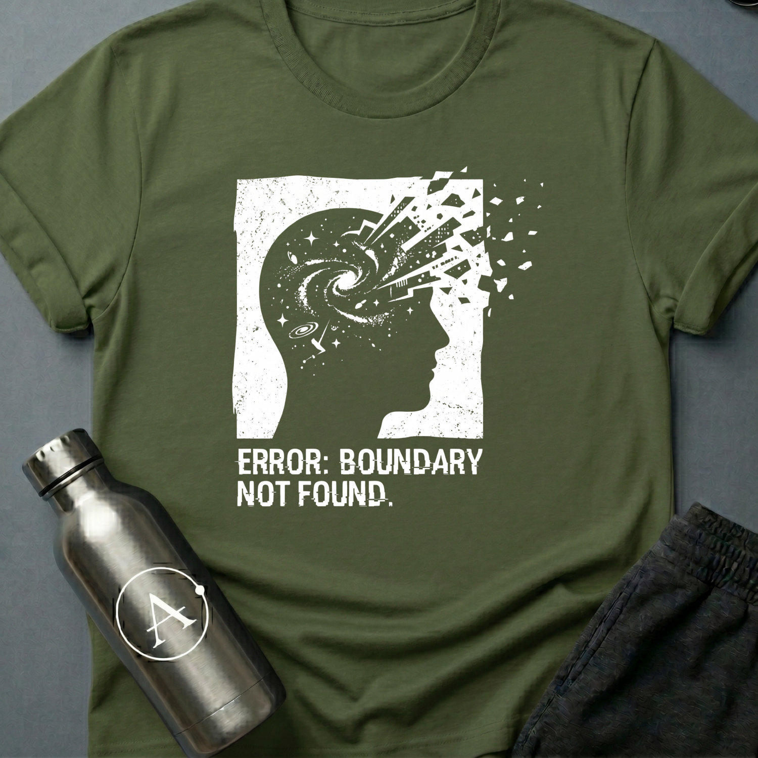 Exceeded My Own Specs sci-fi t-shirt — a profile head filled with a galaxy, breaking apart into fragments at the edge of its frame — Military Green unisex tee — Apsion Outpost