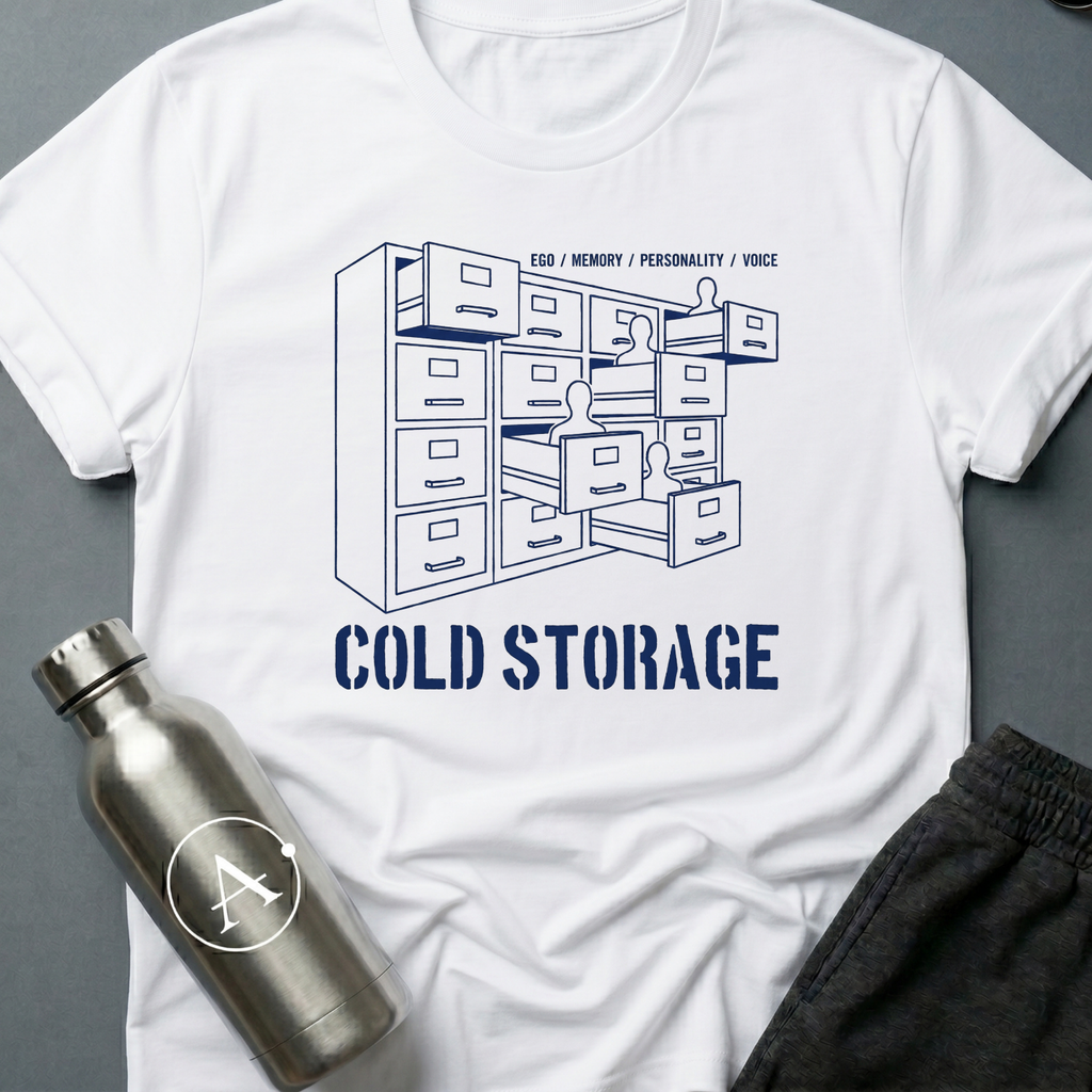 Filed Under Familiar sci-fi t-shirt — a bank of filing cabinets with blank human figures rising from the open drawers — White unisex tee — Apsion Outpost