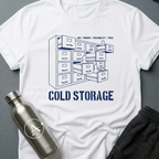 Filed Under Familiar sci-fi t-shirt — a bank of filing cabinets with blank human figures rising from the open drawers — White unisex tee — Apsion Outpost