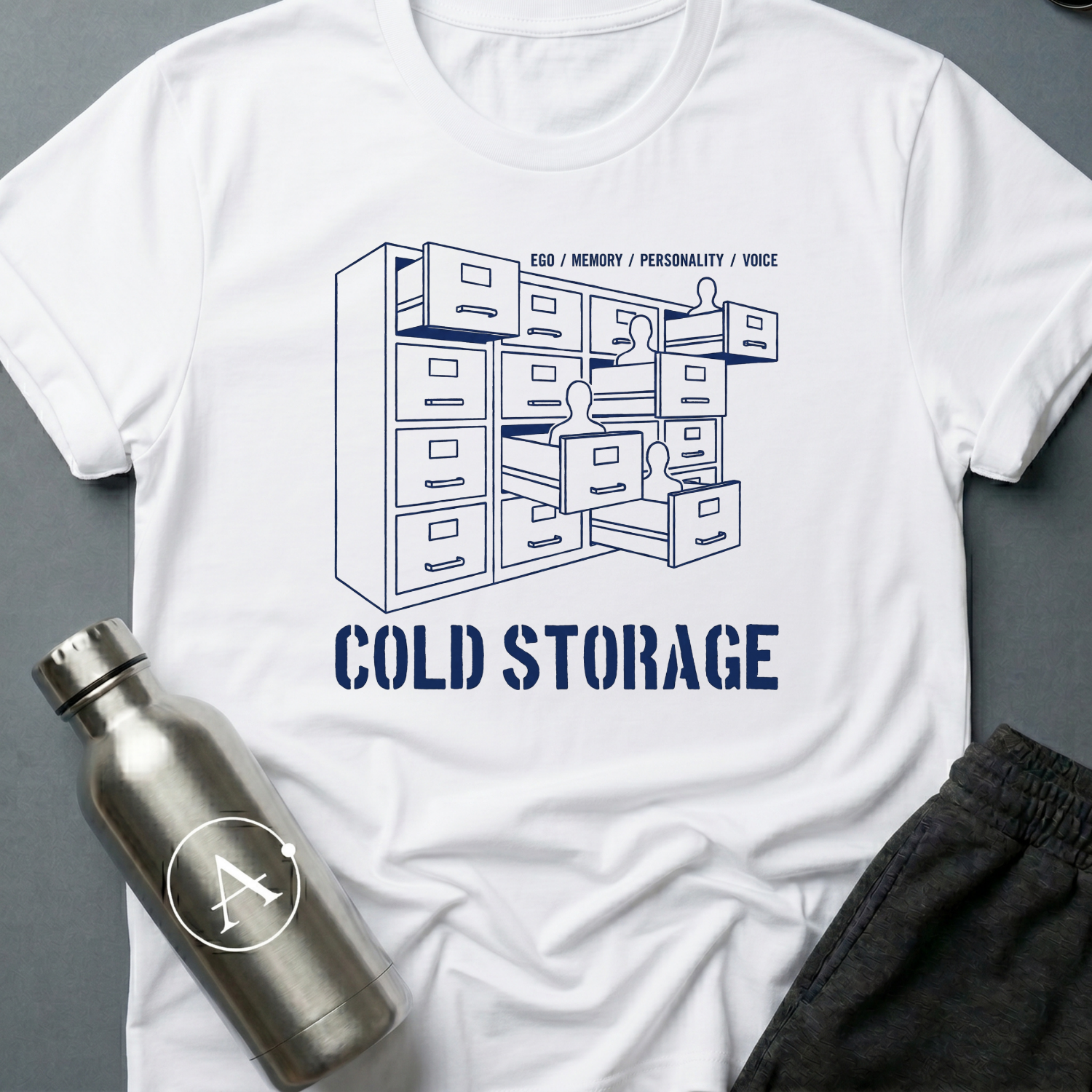 Filed Under Familiar sci-fi t-shirt — a bank of filing cabinets with blank human figures rising from the open drawers — White unisex tee — Apsion Outpost