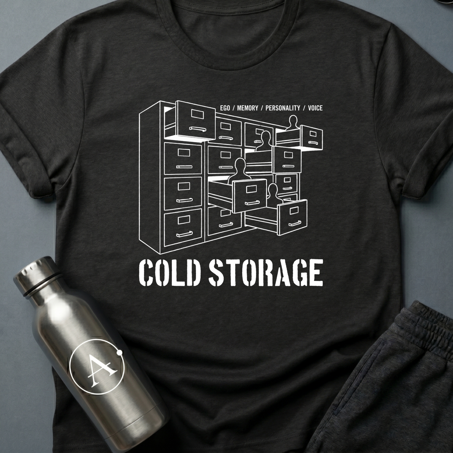 Filed Under Familiar sci-fi t-shirt — a bank of filing cabinets with blank human figures rising from the open drawers — Black unisex tee — Apsion Outpost