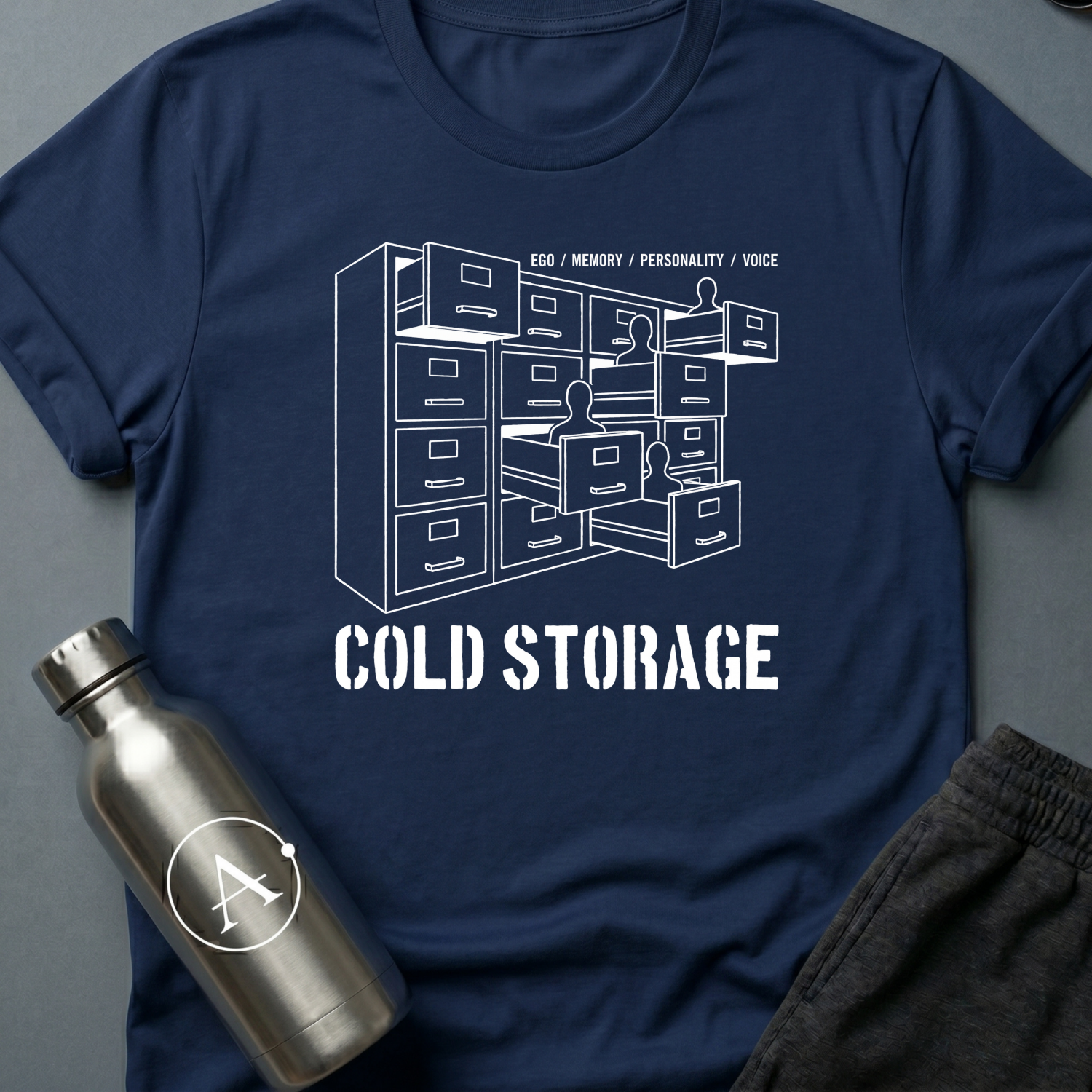 Filed Under Familiar sci-fi t-shirt — a bank of filing cabinets with blank human figures rising from the open drawers — Navy unisex tee — Apsion Outpost