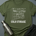 Filed Under Familiar sci-fi t-shirt — a bank of filing cabinets with blank human figures rising from the open drawers — Military Green unisex tee — Apsion Outpost