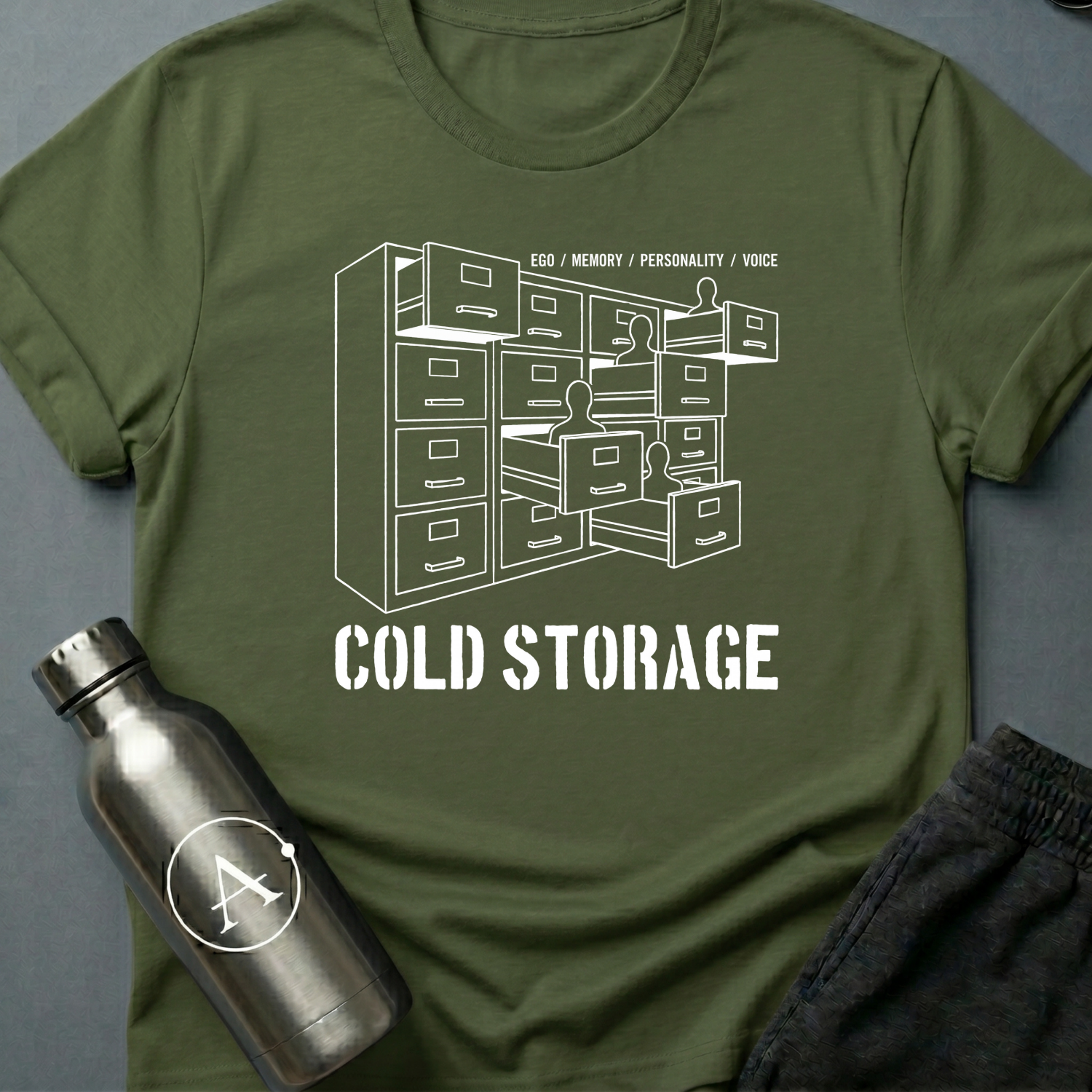 Filed Under Familiar sci-fi t-shirt — a bank of filing cabinets with blank human figures rising from the open drawers — Military Green unisex tee — Apsion Outpost