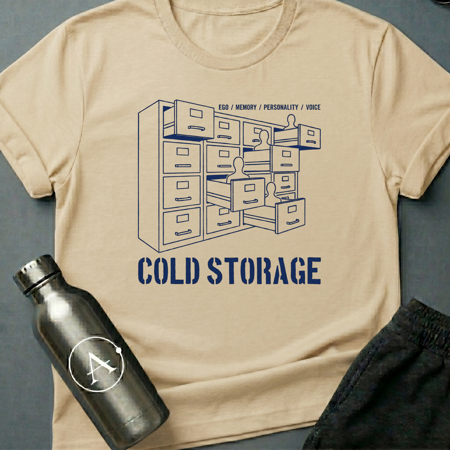 Filed Under Familiar sci-fi t-shirt — a bank of filing cabinets with blank human figures rising from the open drawers — Natural unisex tee — Apsion Outpost