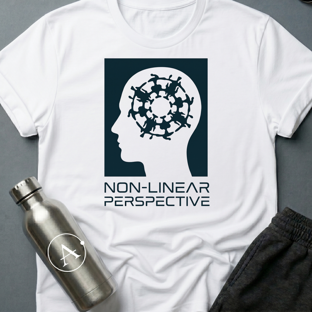 Sequence Optional sci-fi t-shirt — a profile head containing a dense interlocking spiral — White unisex tee — Apsion Outpost