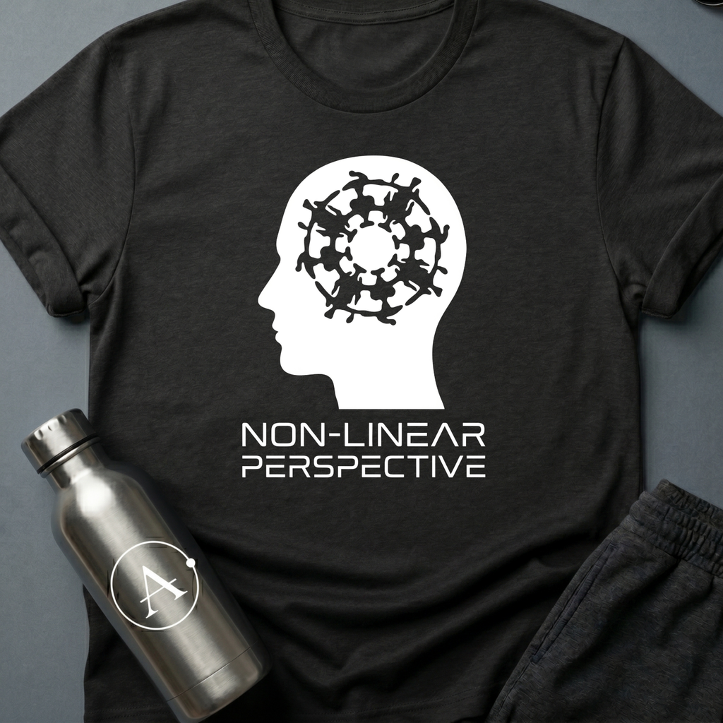Sequence Optional sci-fi t-shirt — a profile head containing a dense interlocking spiral — Black unisex tee — Apsion Outpost