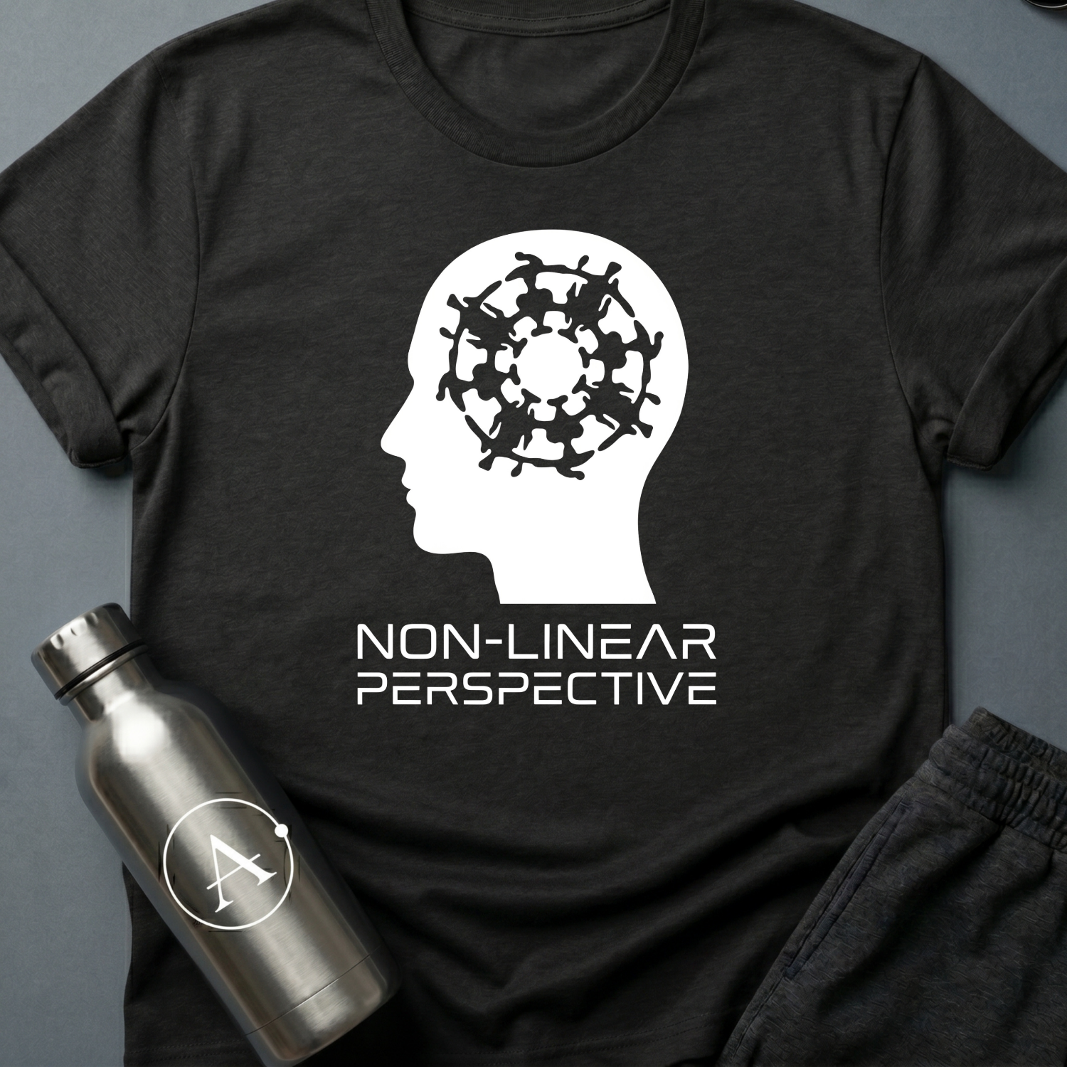 Sequence Optional sci-fi t-shirt — a profile head containing a dense interlocking spiral — Black unisex tee — Apsion Outpost