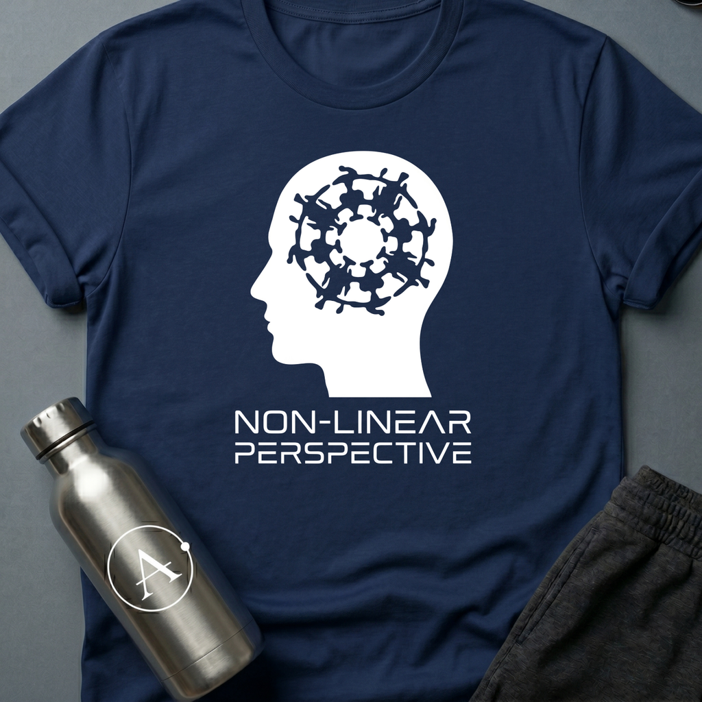 Sequence Optional sci-fi t-shirt — a profile head containing a dense interlocking spiral — Navy unisex tee — Apsion Outpost