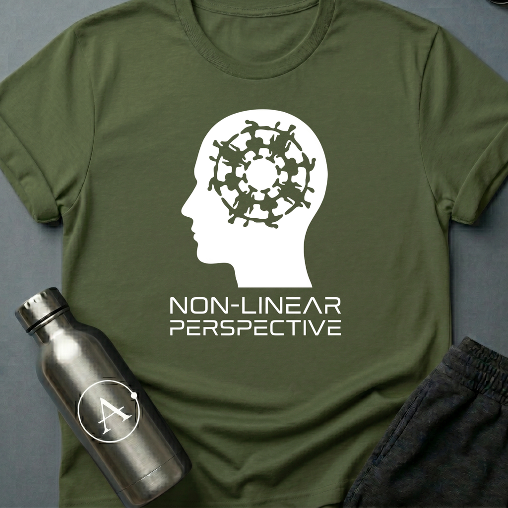 Sequence Optional sci-fi t-shirt — a profile head containing a dense interlocking spiral — Military Green unisex tee — Apsion Outpost