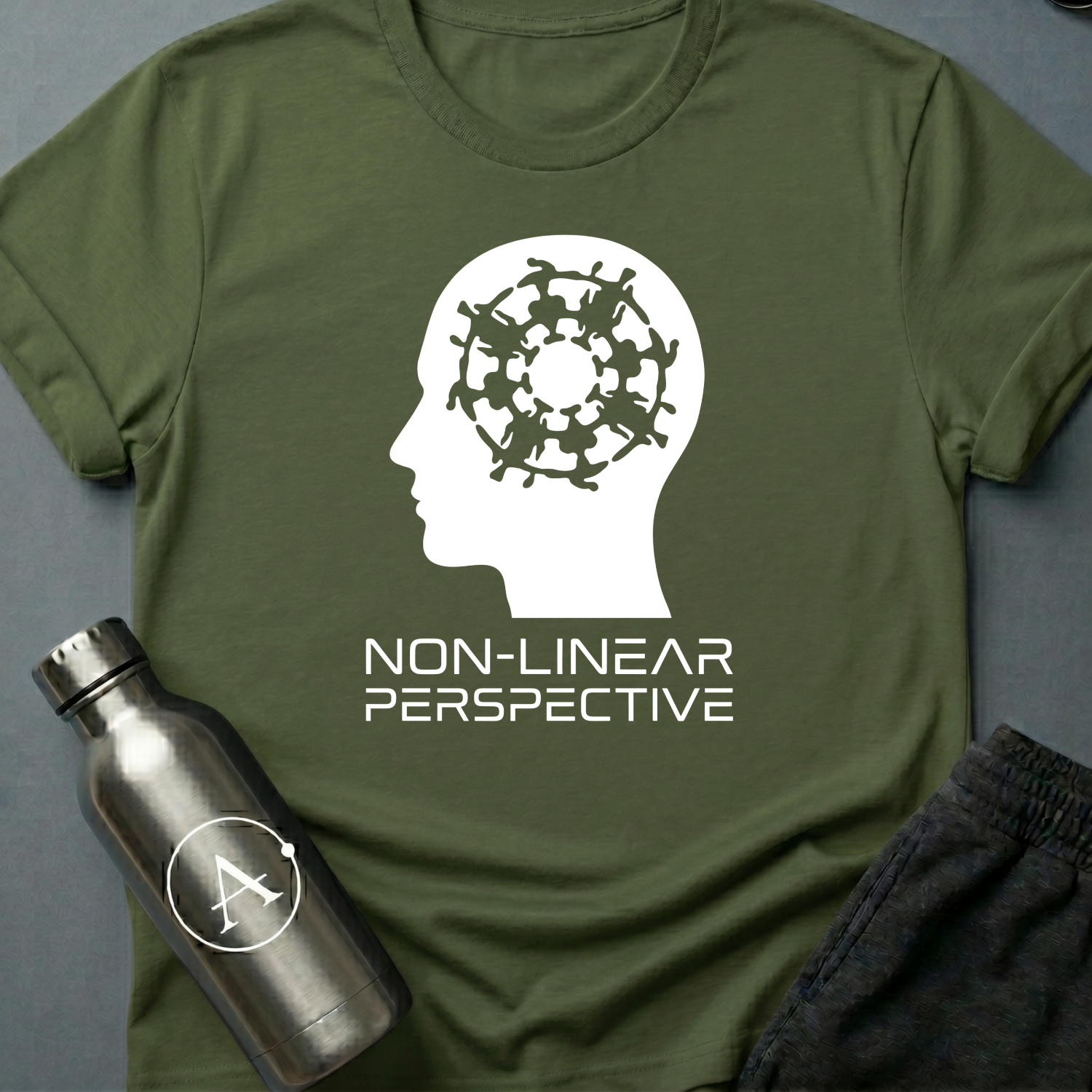 Sequence Optional sci-fi t-shirt — a profile head containing a dense interlocking spiral — Military Green unisex tee — Apsion Outpost