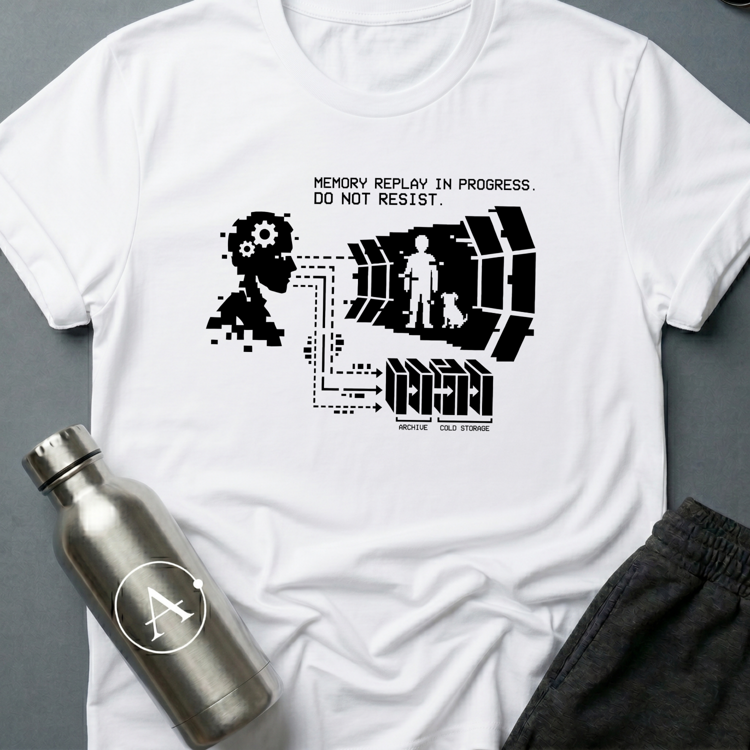 They Kept the Dog sci-fi t-shirt — a pixelated head projecting a memory of a boy and a dog, wired to server racks labeled archive and cold storage — White unisex tee — Apsion Outpost