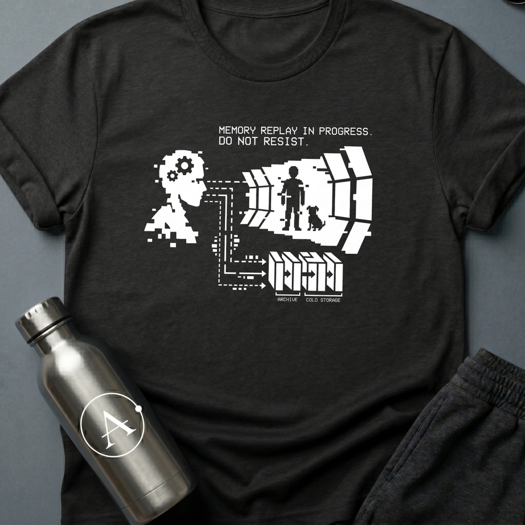 They Kept the Dog sci-fi t-shirt — a pixelated head projecting a memory of a boy and a dog, wired to server racks labeled archive and cold storage — Black unisex tee — Apsion Outpost