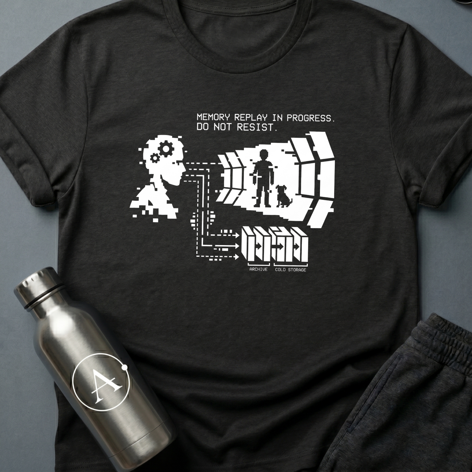 They Kept the Dog sci-fi t-shirt — a pixelated head projecting a memory of a boy and a dog, wired to server racks labeled archive and cold storage — Black unisex tee — Apsion Outpost