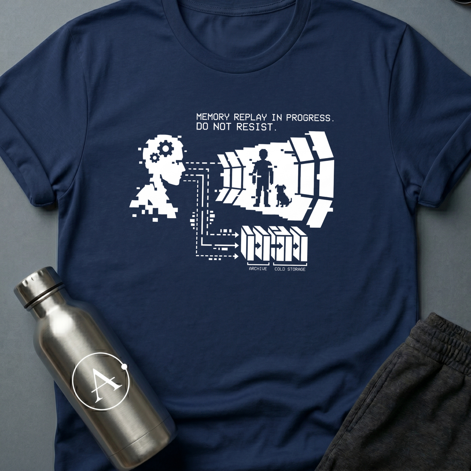 They Kept the Dog sci-fi t-shirt — a pixelated head projecting a memory of a boy and a dog, wired to server racks labeled archive and cold storage — Navy unisex tee — Apsion Outpost